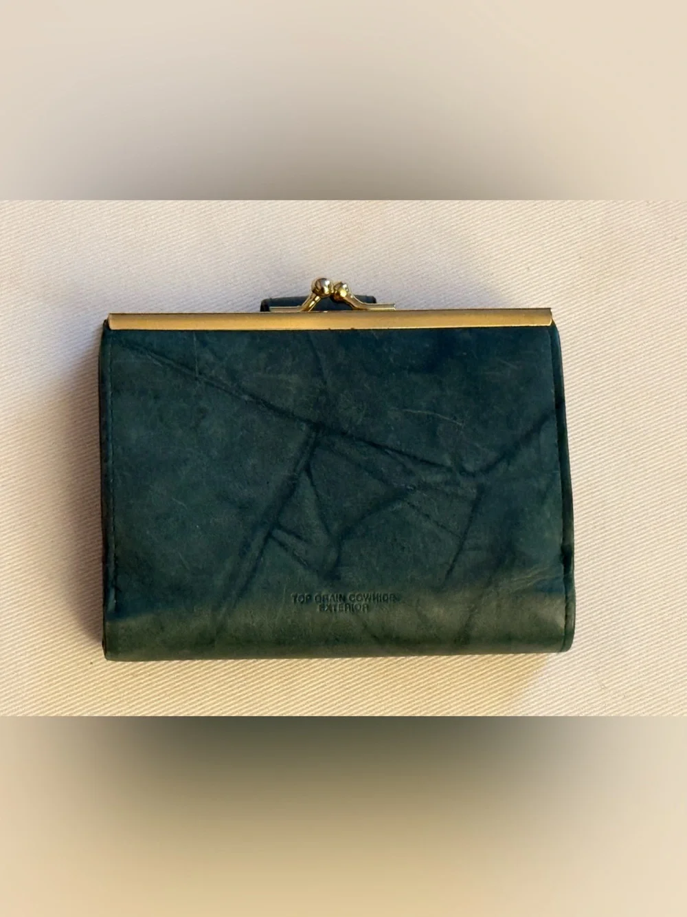 Vintage Buxton Top Grain Cowhide Leather Wallet Green Kiss Lock Coin Purse